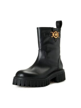 VERSACE WOMEN'S BLACK LEATHER GOLD MEDUSA MOTORCYCLE BOOTS SHOES 39.5